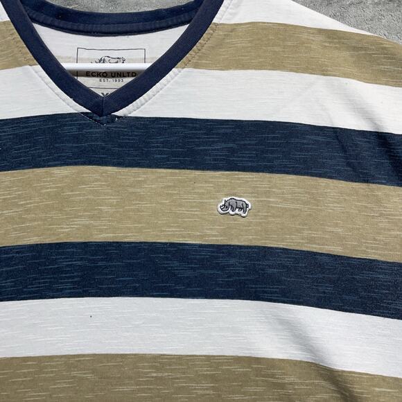 Vintage Y2K Ecko Unltd Shirt Mens Size 2XL Blue Tan Striped Short Sleeve - Picture 2 of 8